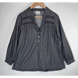 Wrap London Blouse Womens 2 Gray Charcoal Chambray Cotton Eyelet Pleated V Neck